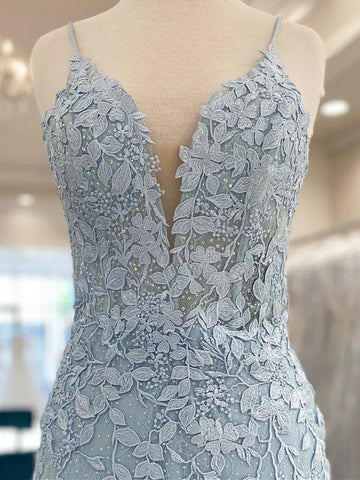 V Neck Blue Lace Short Graduation Homecoming Dresses HZ1023